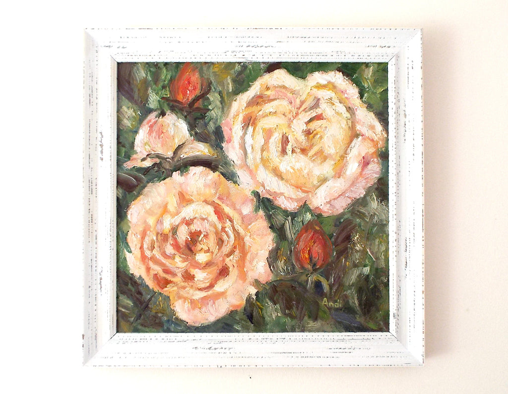 Peach Roses Still Life Oil Painting Signed Framed Flowers Impressionist