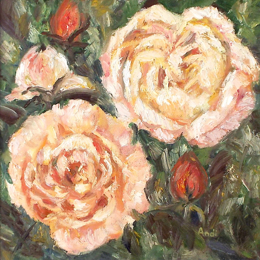 Peach Roses Still Life Oil Painting Signed Framed Flowers Impressionist