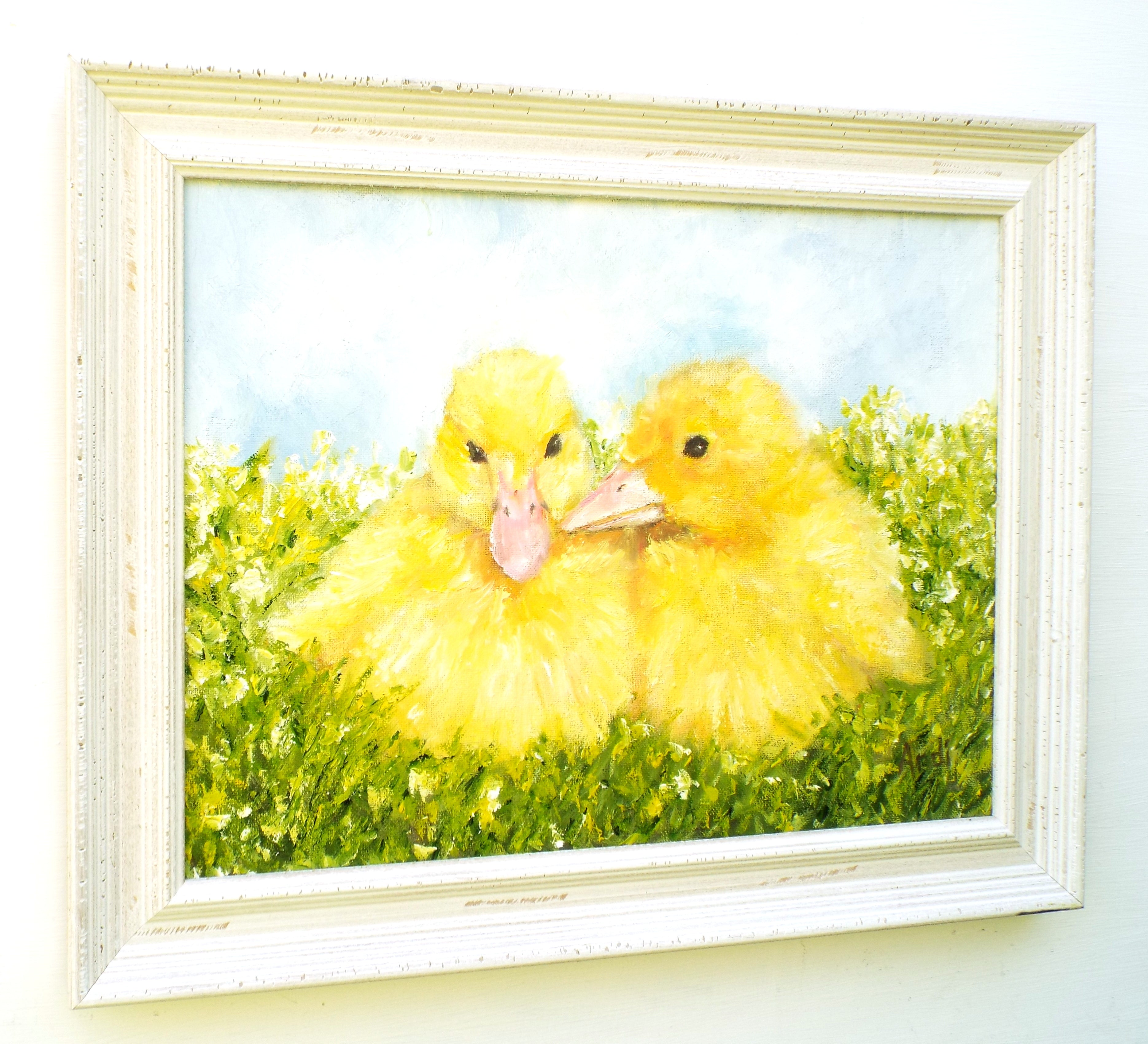Yellow Ducklings Original Framed Bird Oil Painting by Andi Lucas