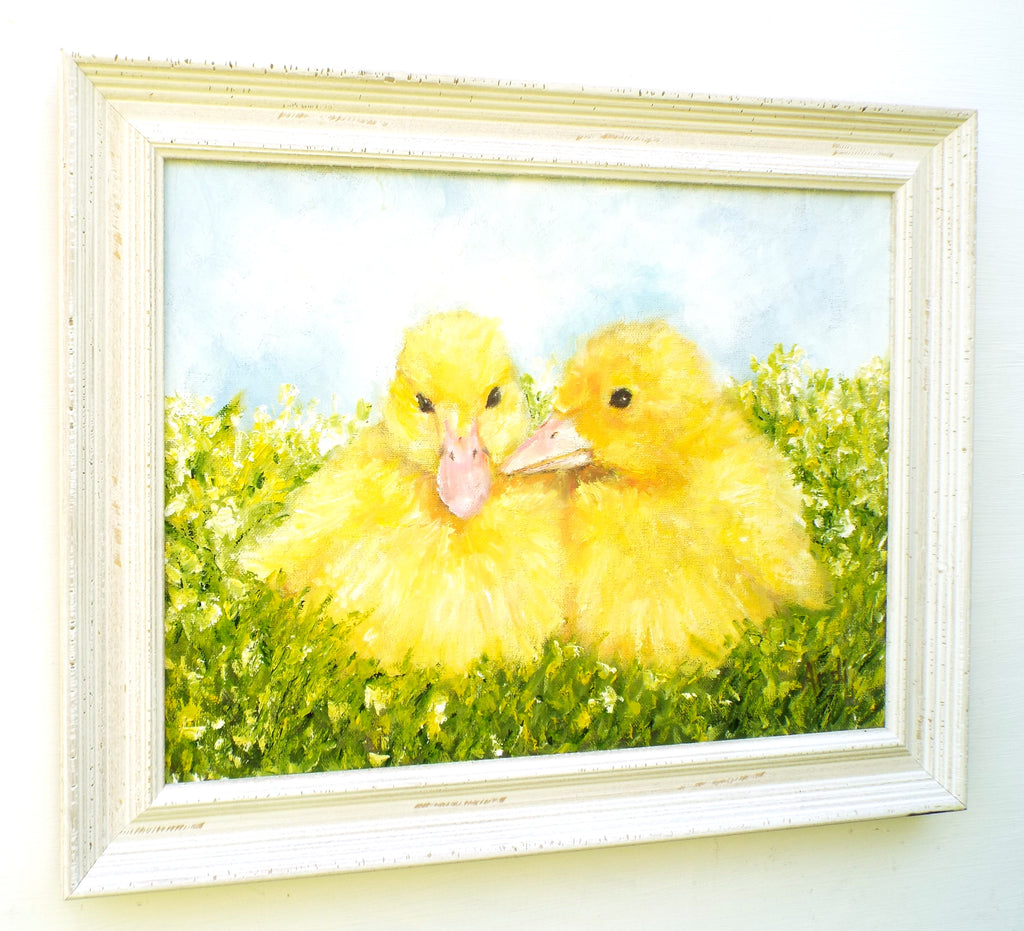 Yellow Ducklings Original Framed Bird Oil Painting by Andi Lucas