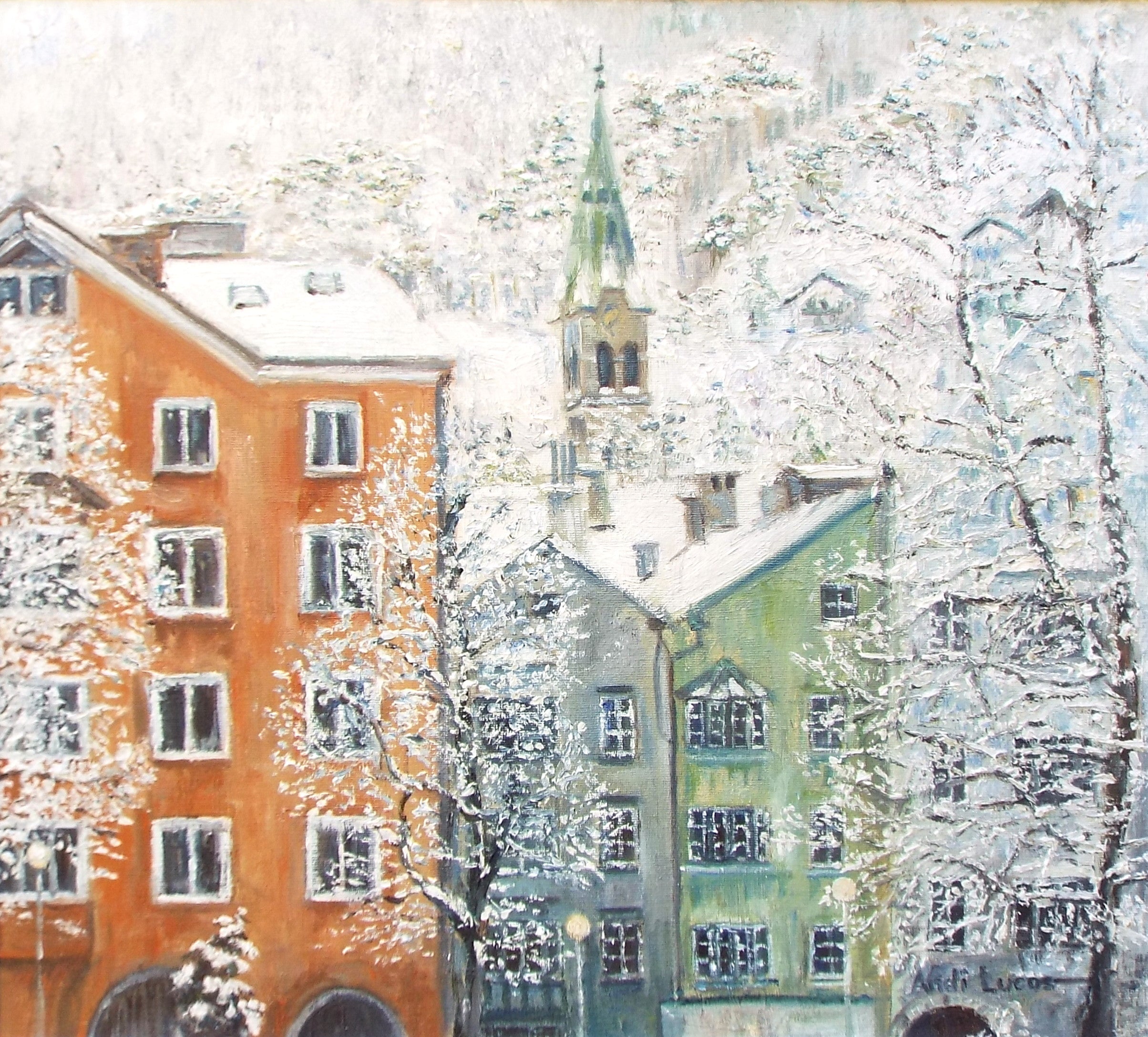 Innsbruck Street Scene Winter Austrian Landscape Oil Painting by Andi Lucas - GalleryThane.com