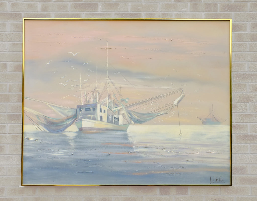 Fishing Boats Sunset Painting Huge Coastal Wall Art Signed Framed
