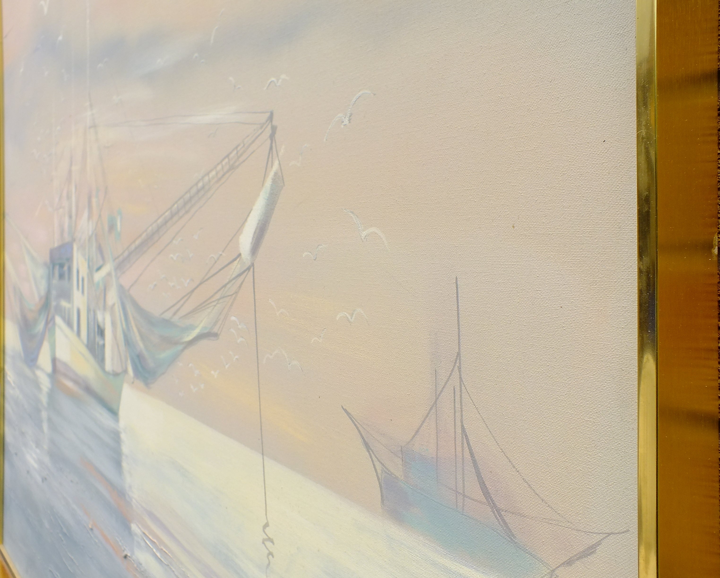Fishing Boats Sunset Painting Huge Coastal Wall Art Signed Framed