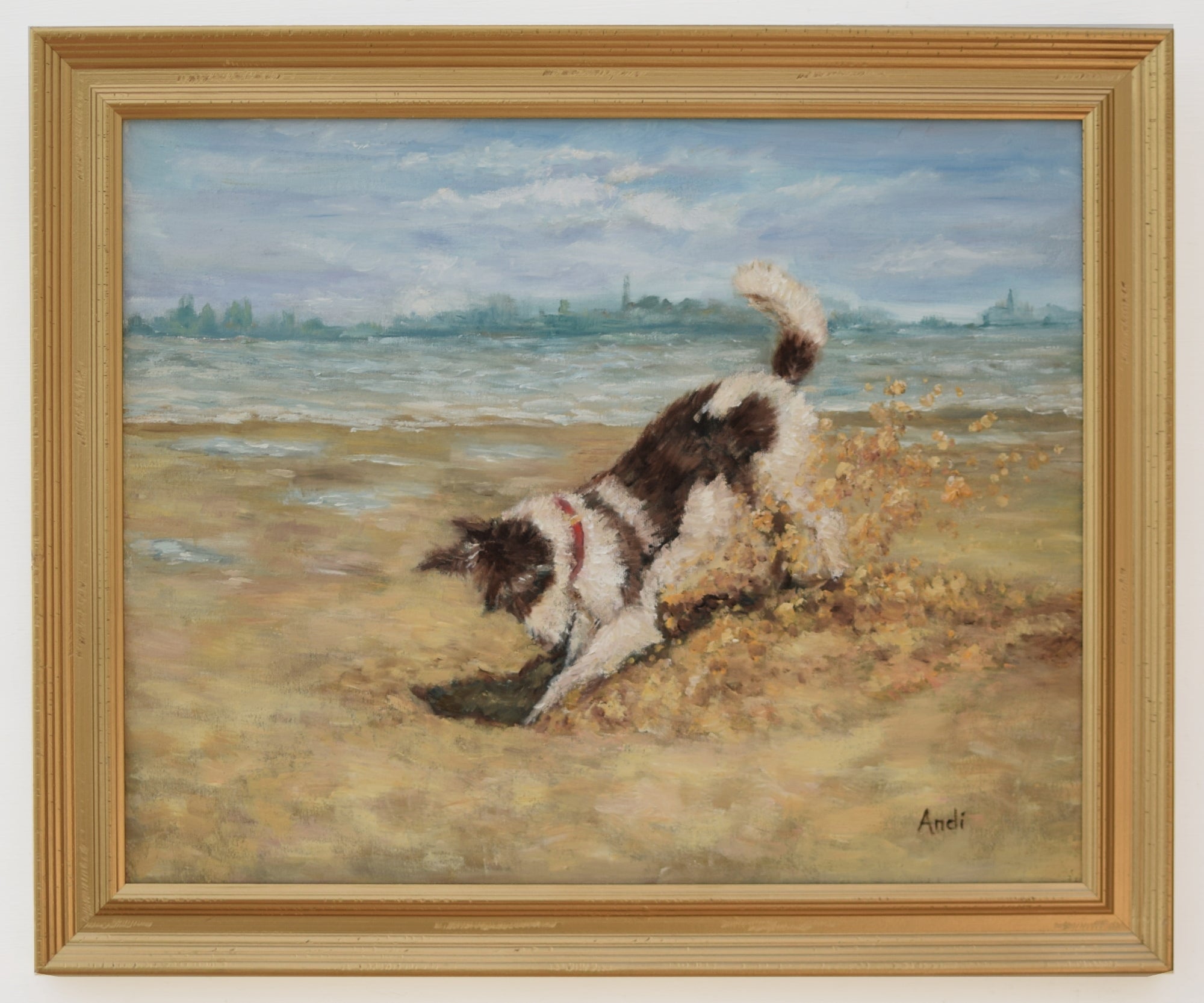 Dog Painting Framed Original Art Animals Painting Digging on The Beach by Andi Lucas