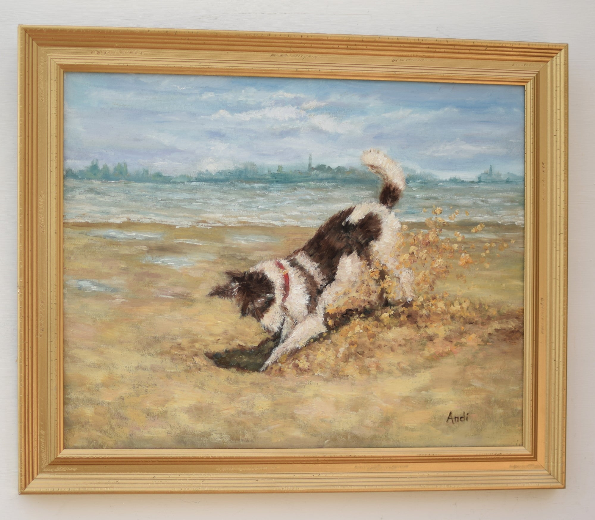 Dog Painting Framed Original Art Animals Painting Digging on The Beach by Andi Lucas