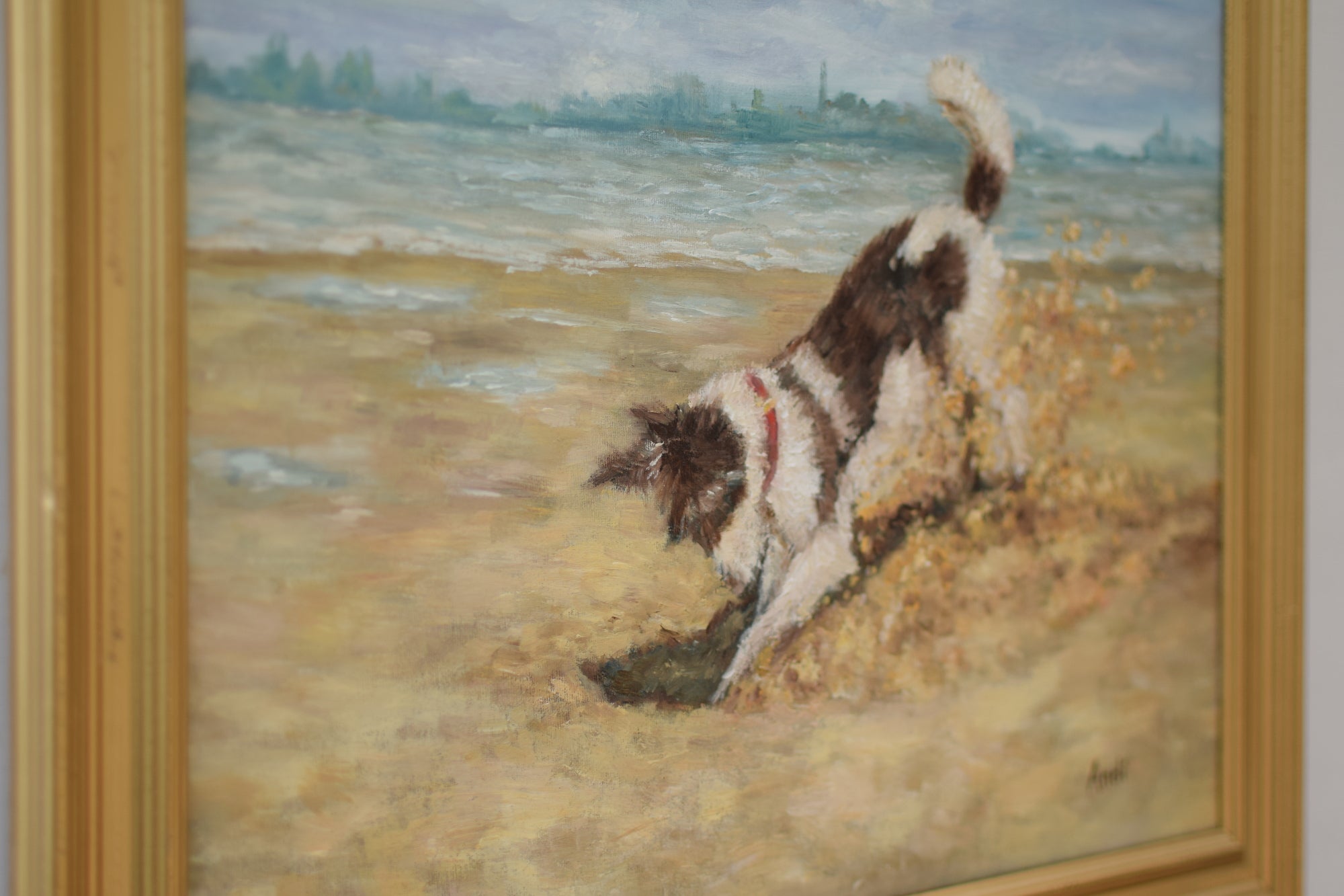 Dog Painting Framed Original Art Animals Painting Digging on The Beach by Andi Lucas