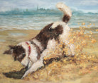 Dog Painting Framed Original Art Animals Painting Digging on The Beach by Andi Lucas