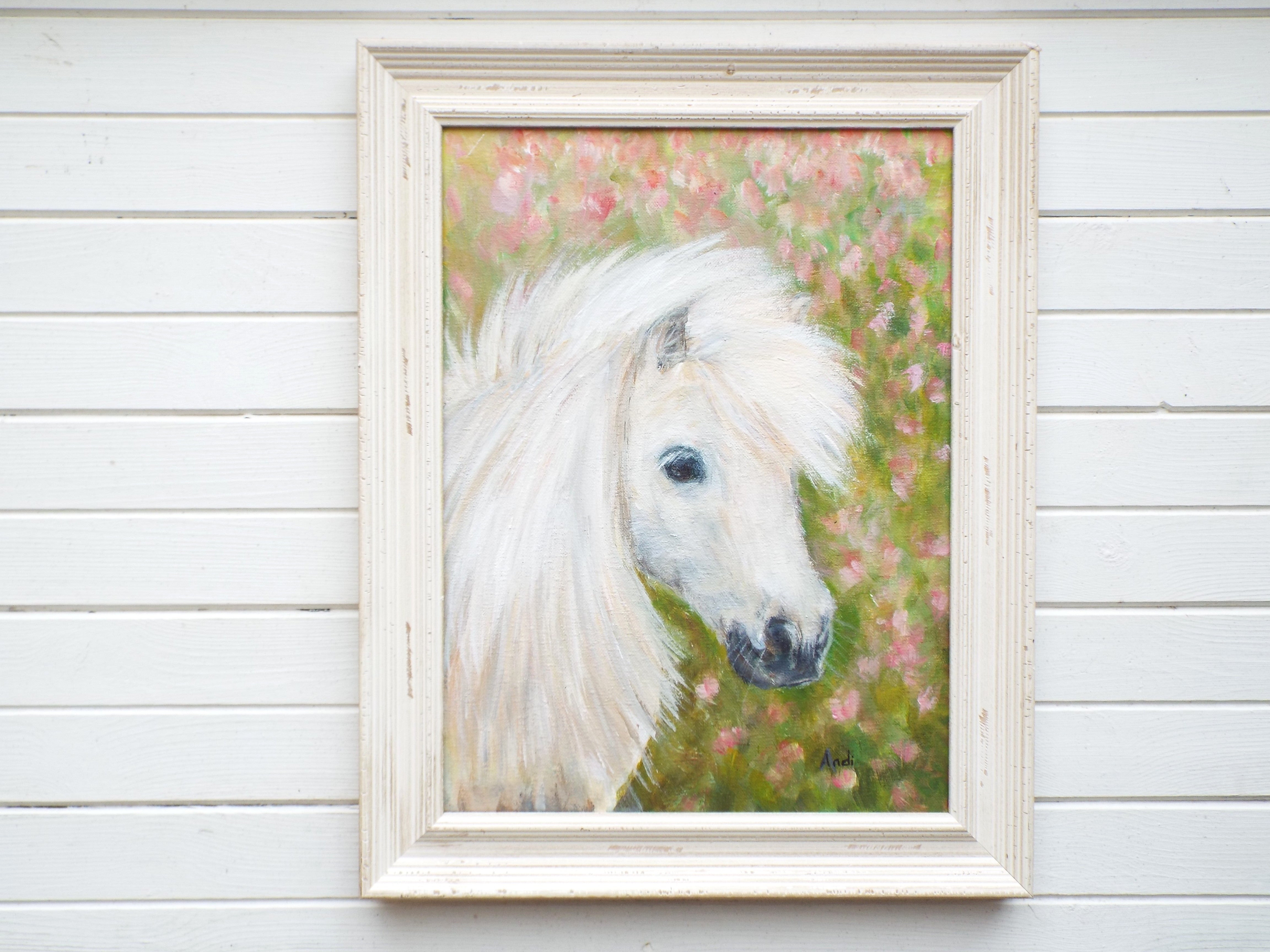 White Horse Portrait Painting Original Oil Painting Signed Framed Wildlife Art by Andi Lucas