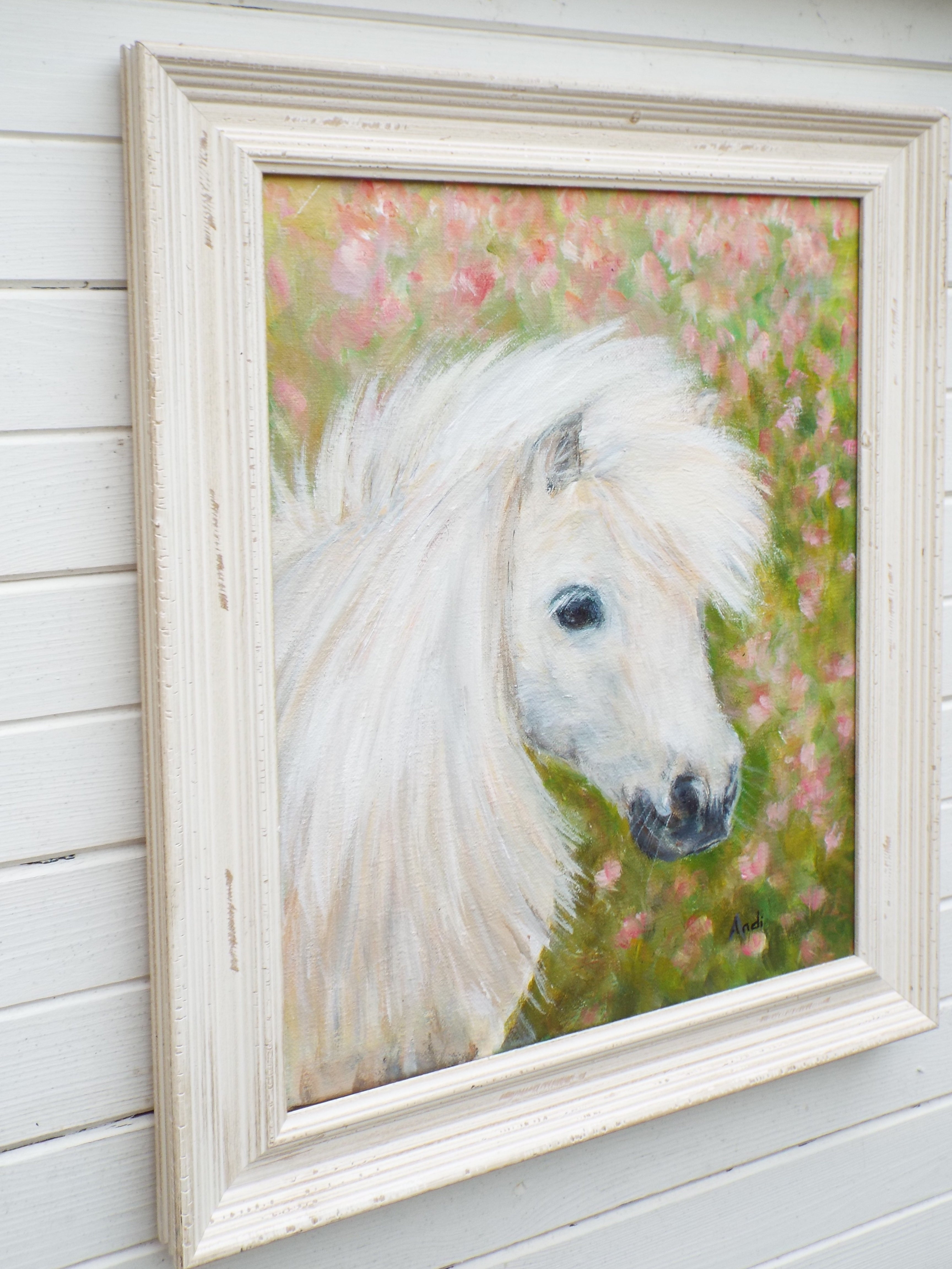 White Horse Portrait Painting Original Oil Painting Signed Framed Wildlife Art by Andi Lucas