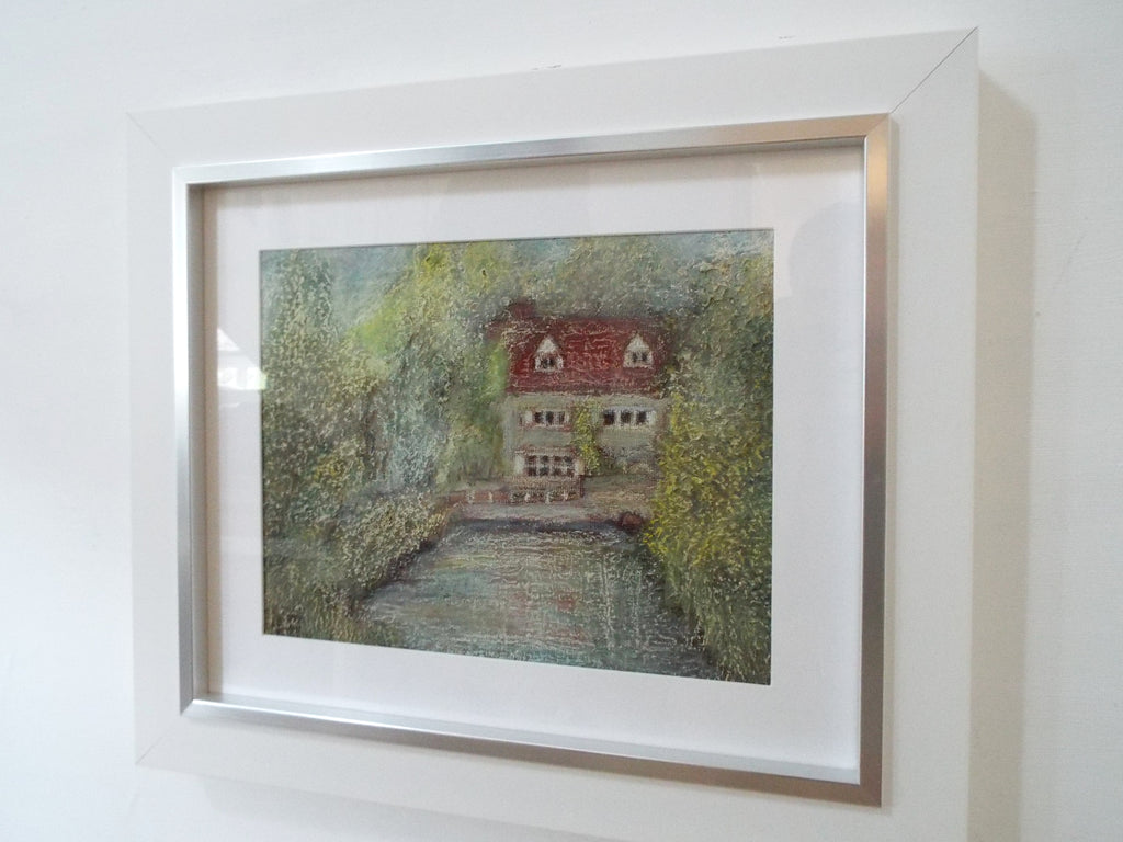 Village Pond English Country Landscape Oil Pastel Painting Framed