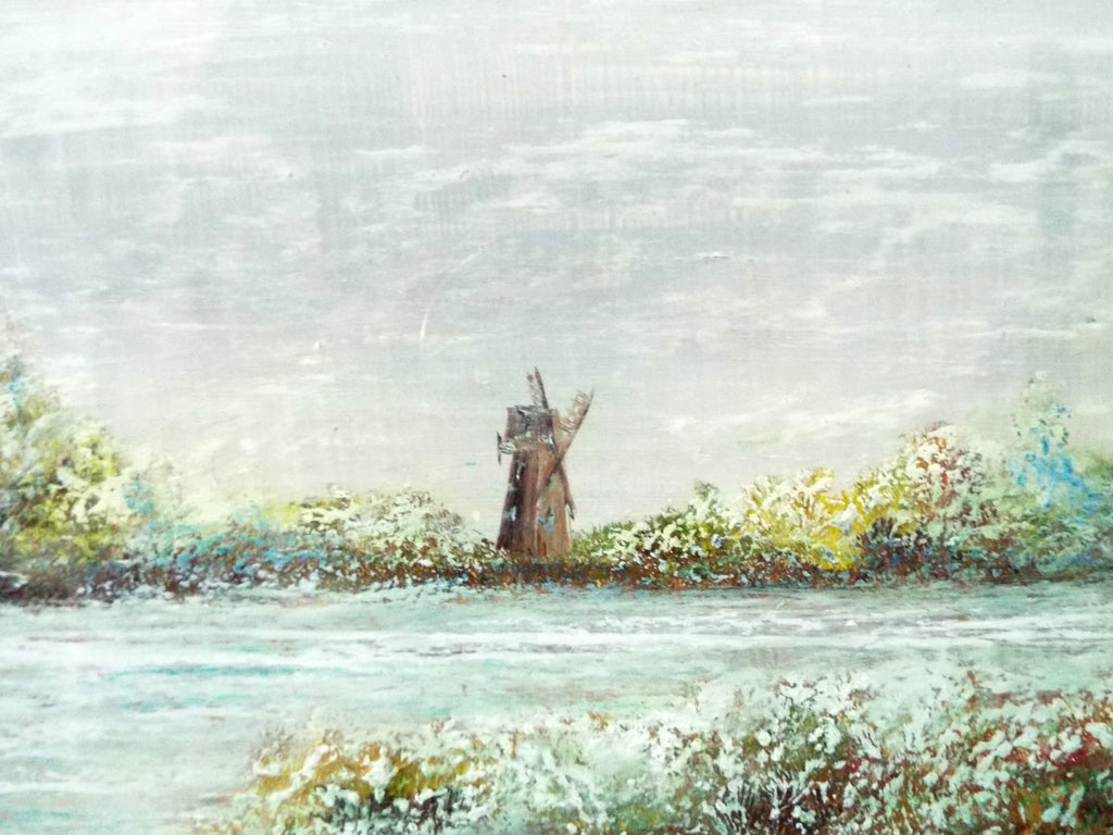 Dutch Windmill Coastal Landscape Vintage Framed Seascape Painting