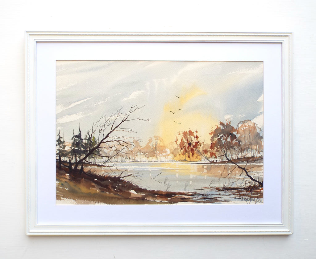 English Lakeside Landscape Watercolour Painting Framed
