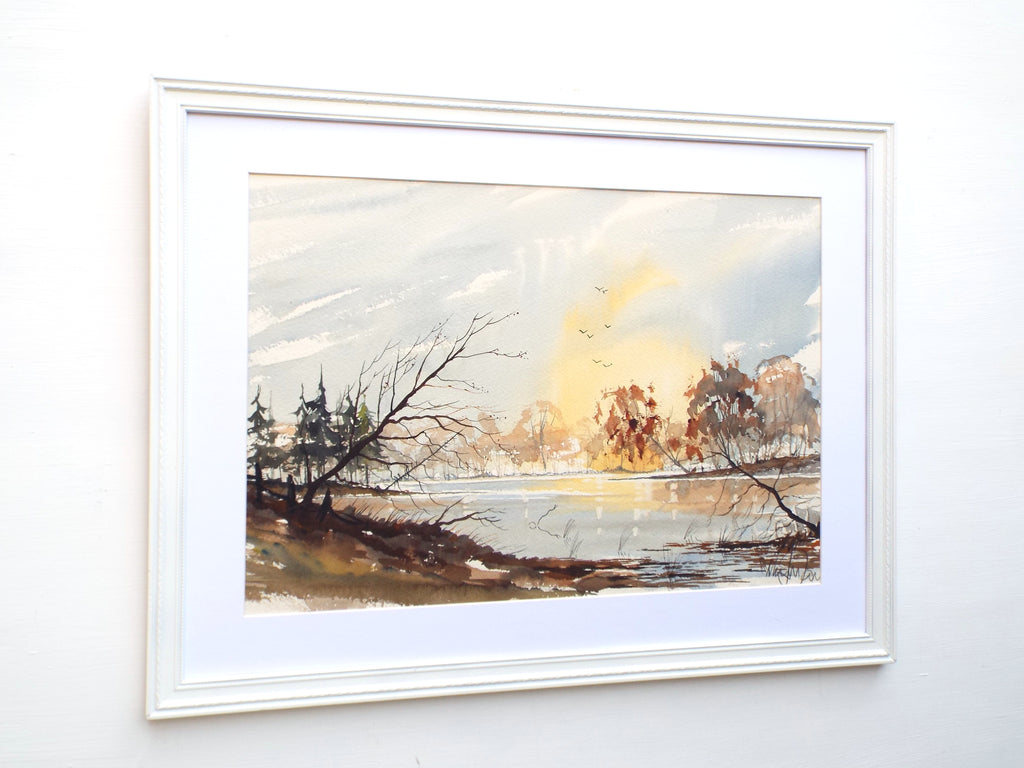 English Lakeside Landscape Watercolour Painting Framed