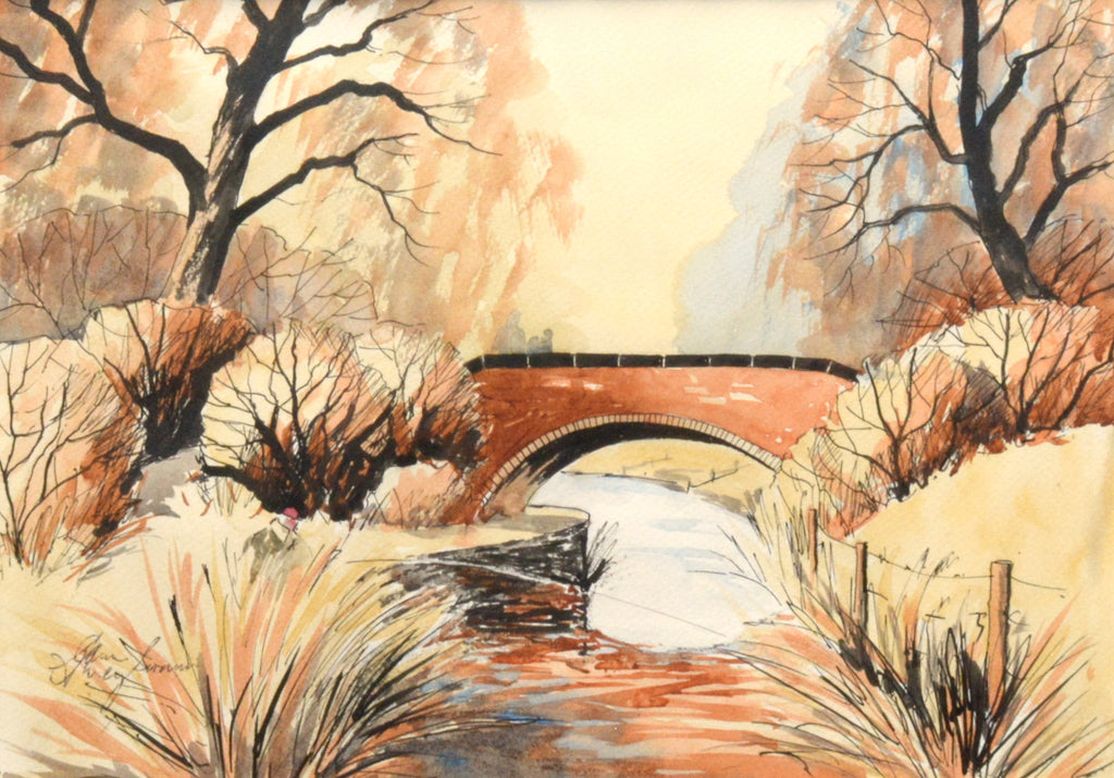 English River Autumn Landscape Stone Bridge Watercolour Painting Framed