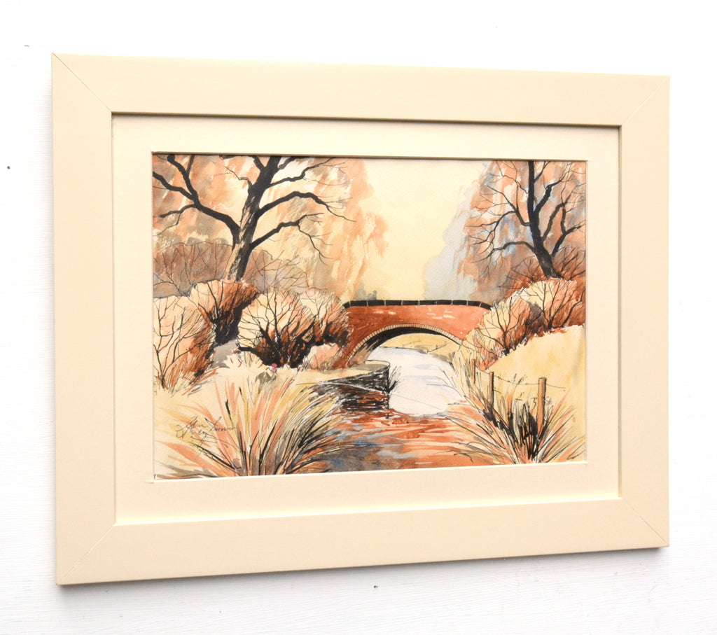 English River Autumn Landscape Stone Bridge Watercolour Painting Framed