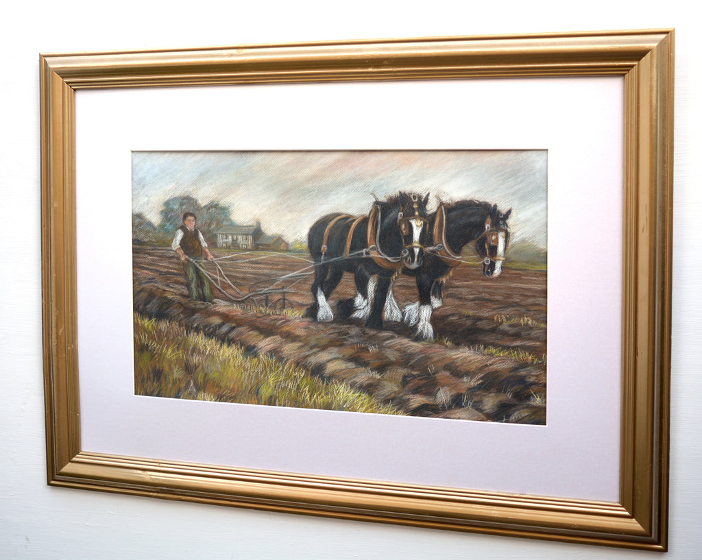 English Country Farming Plough Horses Landscape Oil Pastel Painting Framed