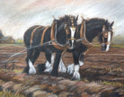 English Country Farming Plough Horses Landscape Oil Pastel Painting Framed