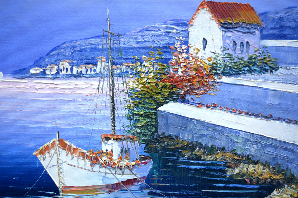 Mediterranean Oil Painting Greek Fishing Boats Harbour Framed Nautical Art