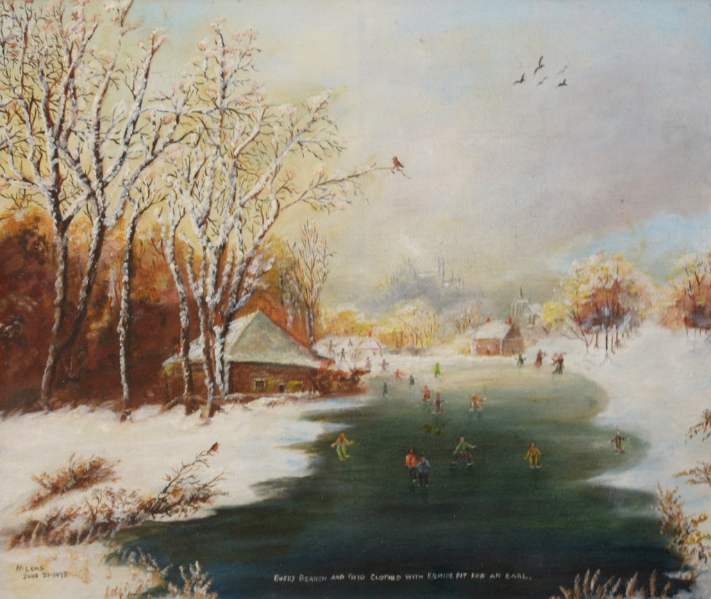 Frozen River Ice Skating Oil Painting Winter Landscape Vintage Framed