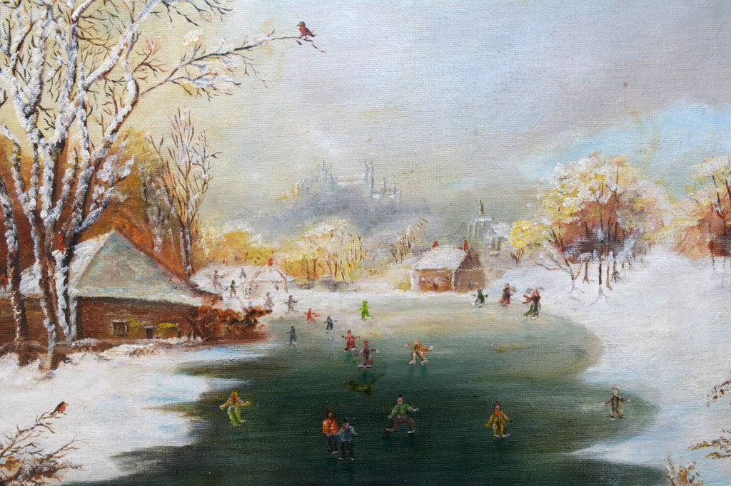 Frozen River Ice Skating Oil Painting Winter Landscape Vintage Framed