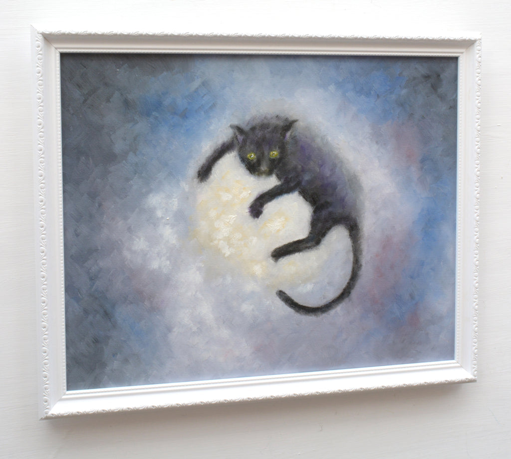 Black Cat on Full Moon Original Framed Painting by Andi Lucas