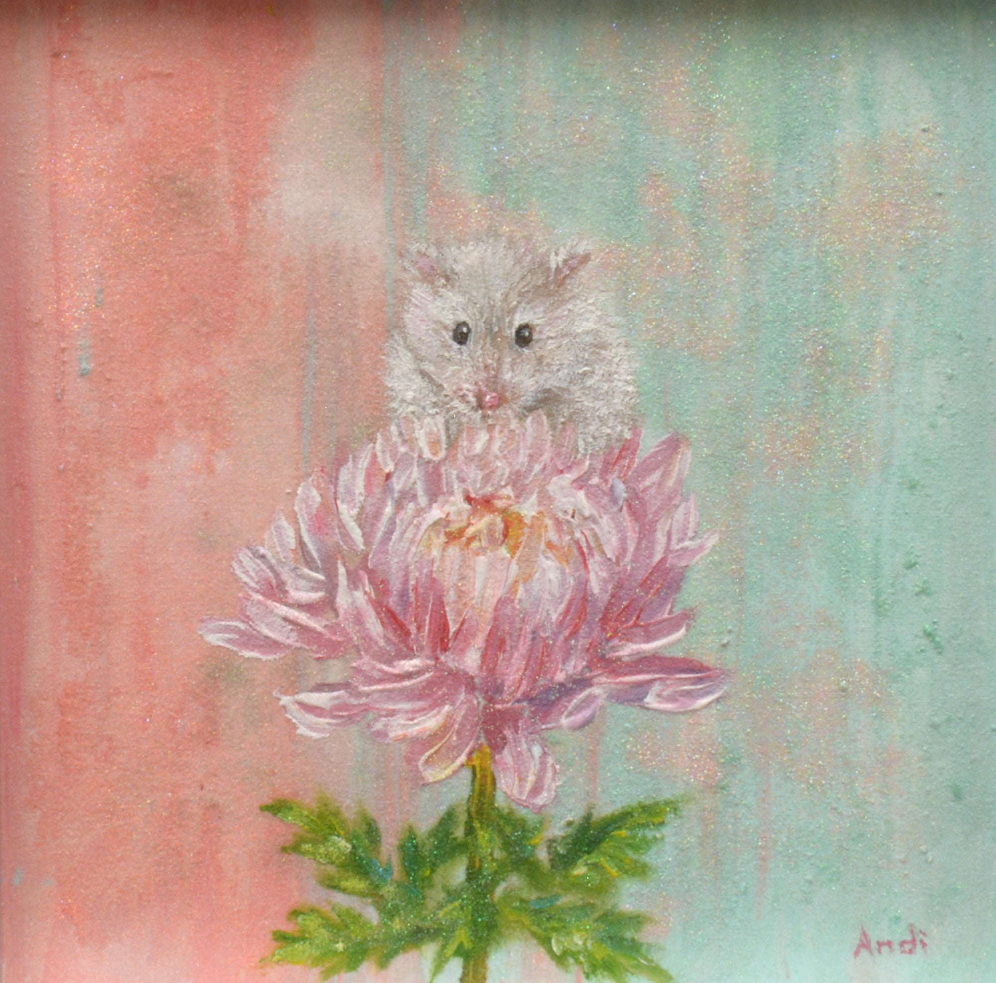 White mouse painting Original framed cute mouse painting Pink flower