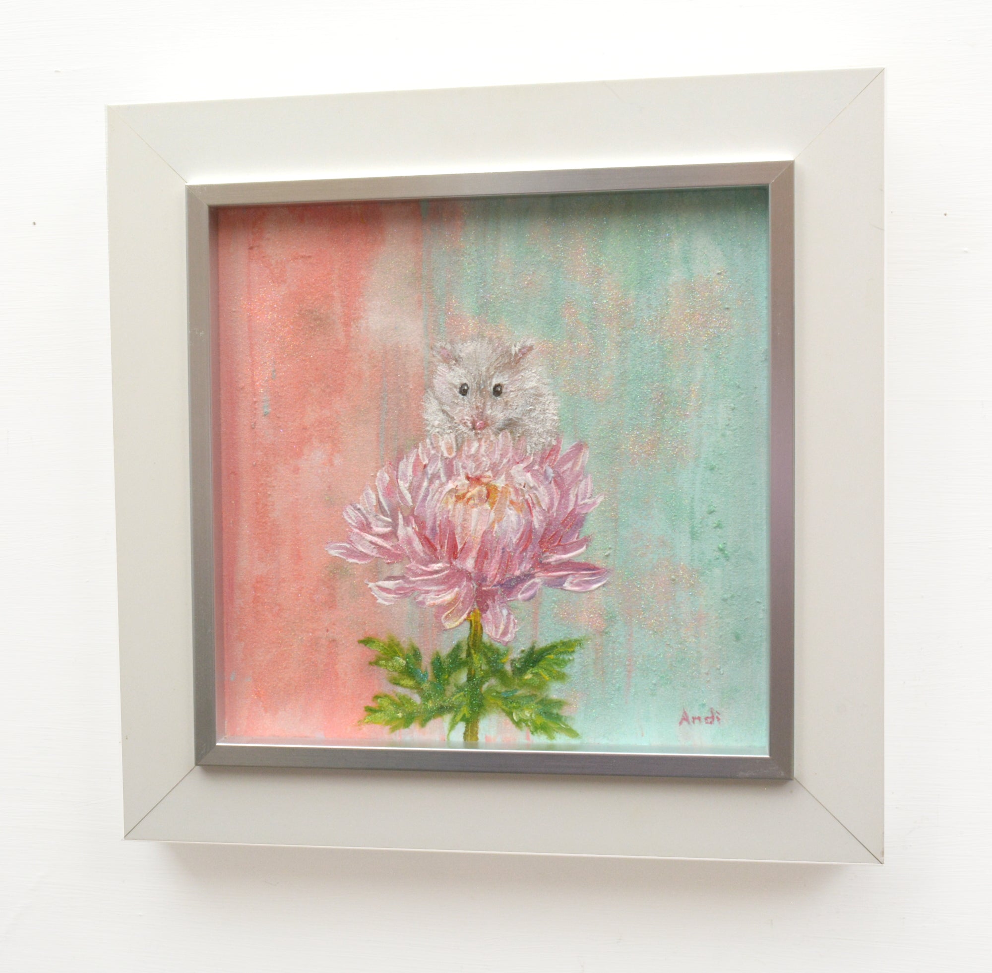 White mouse painting Original framed cute mouse painting Pink flower