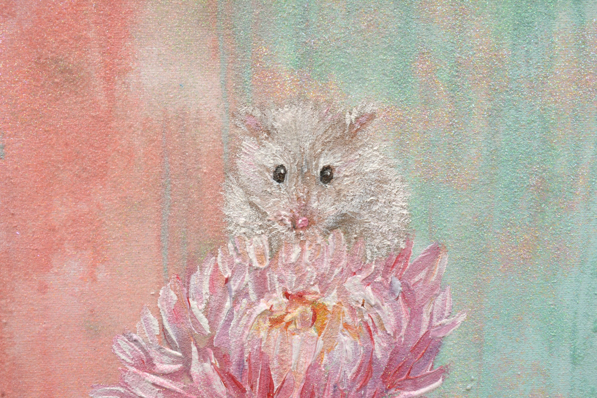 White mouse painting Original framed cute mouse painting Pink flower