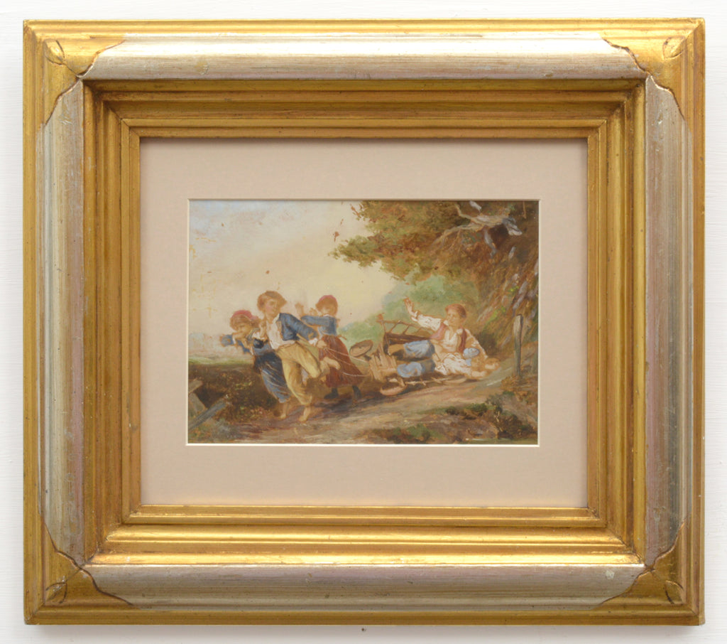 Children Playing French 19th Century Antique Figurative Painting