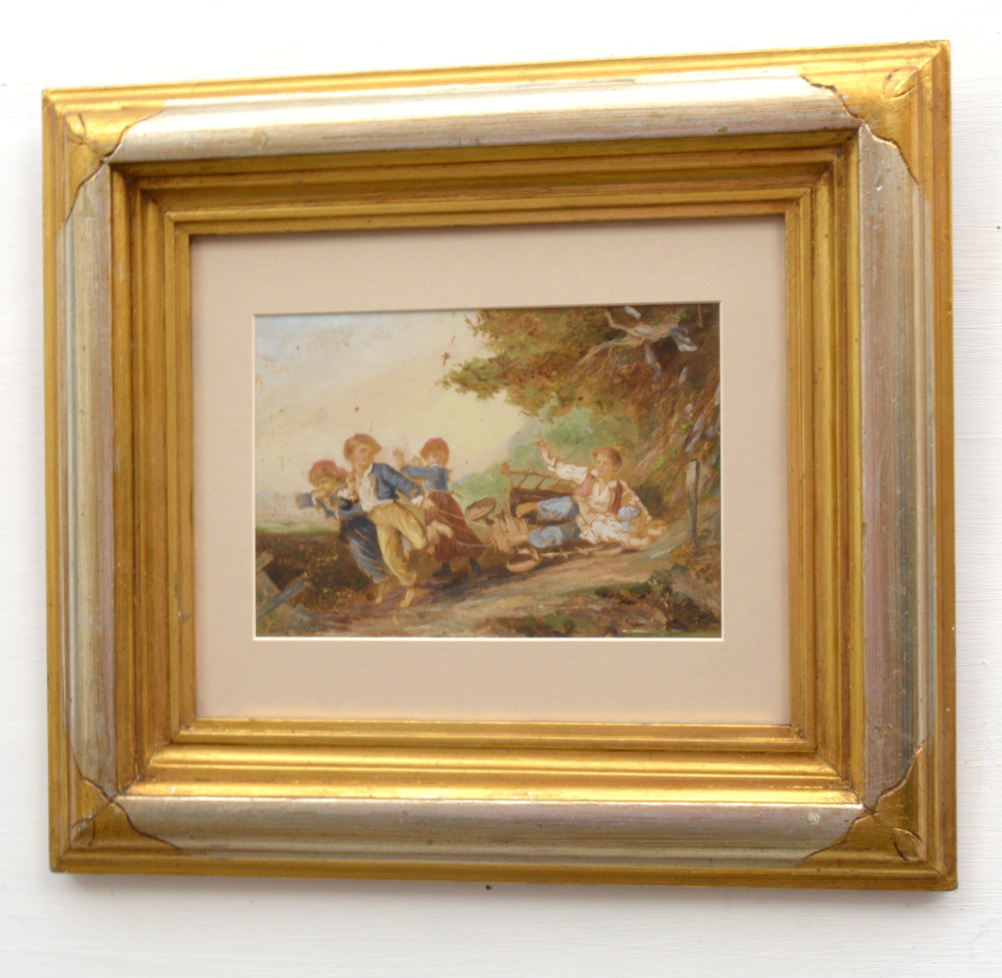 Children Playing French 19th Century Antique Figurative Painting