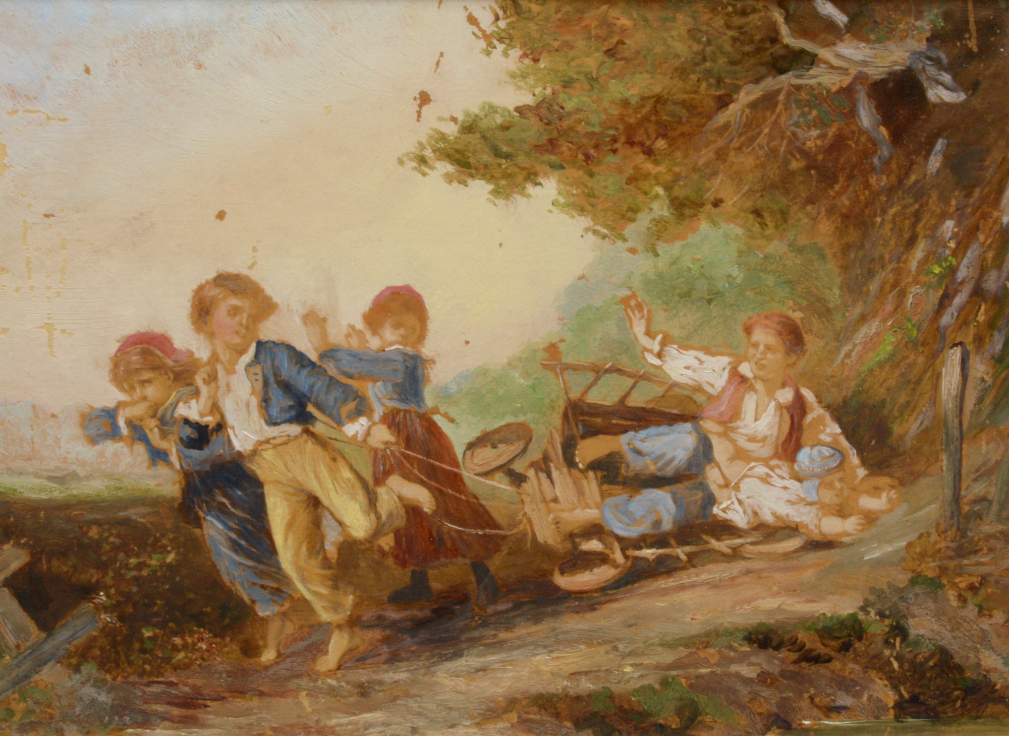 Children Playing French 19th Century Antique Figurative Painting