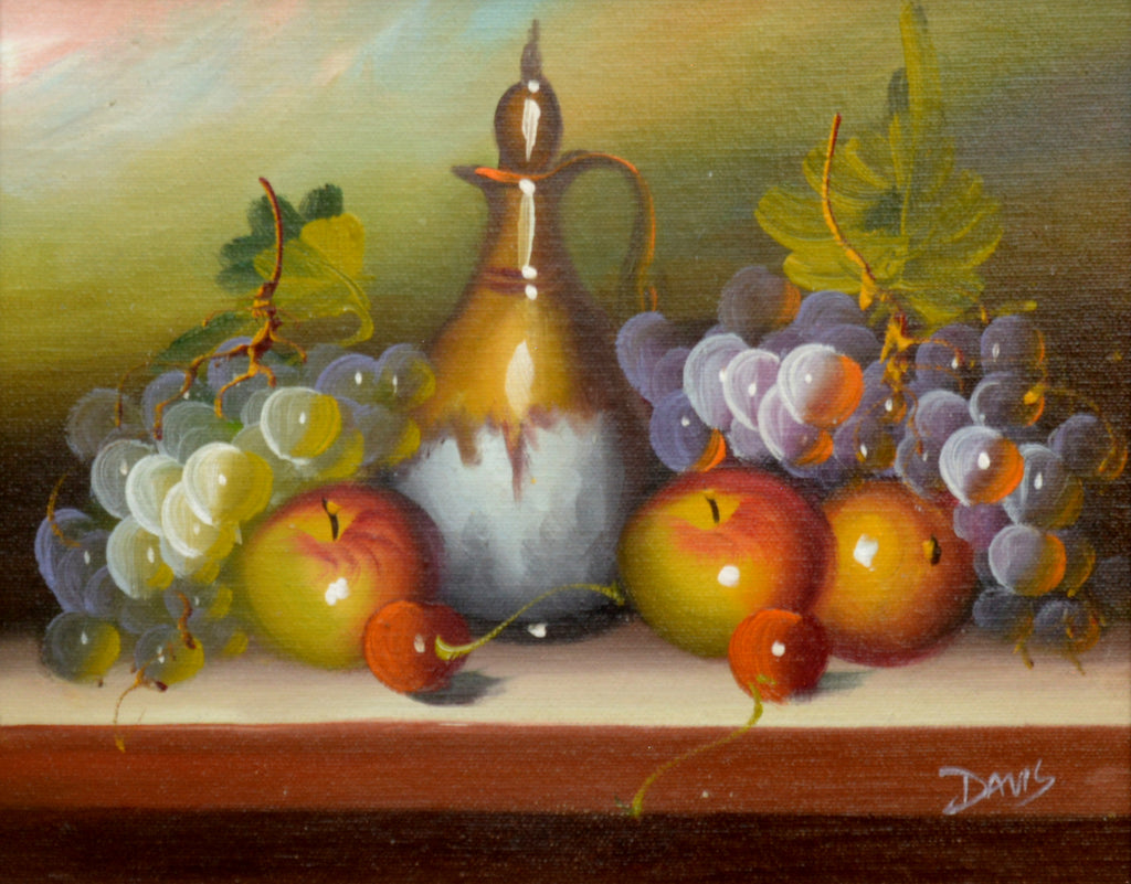 Still Life Vintage Oil Painting Signed Framed Original Fruit Painting Grapes apples