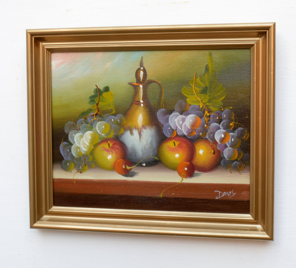 Still Life Vintage Oil Painting Signed Framed Original Fruit Painting Grapes apples