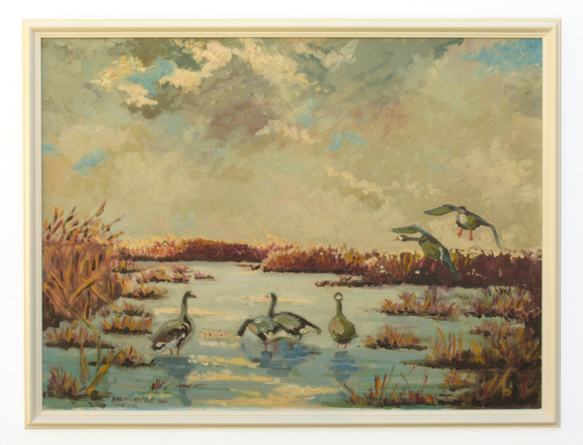 Geese Painting Original Oil Painting Signed Framed Wetlands Sunset