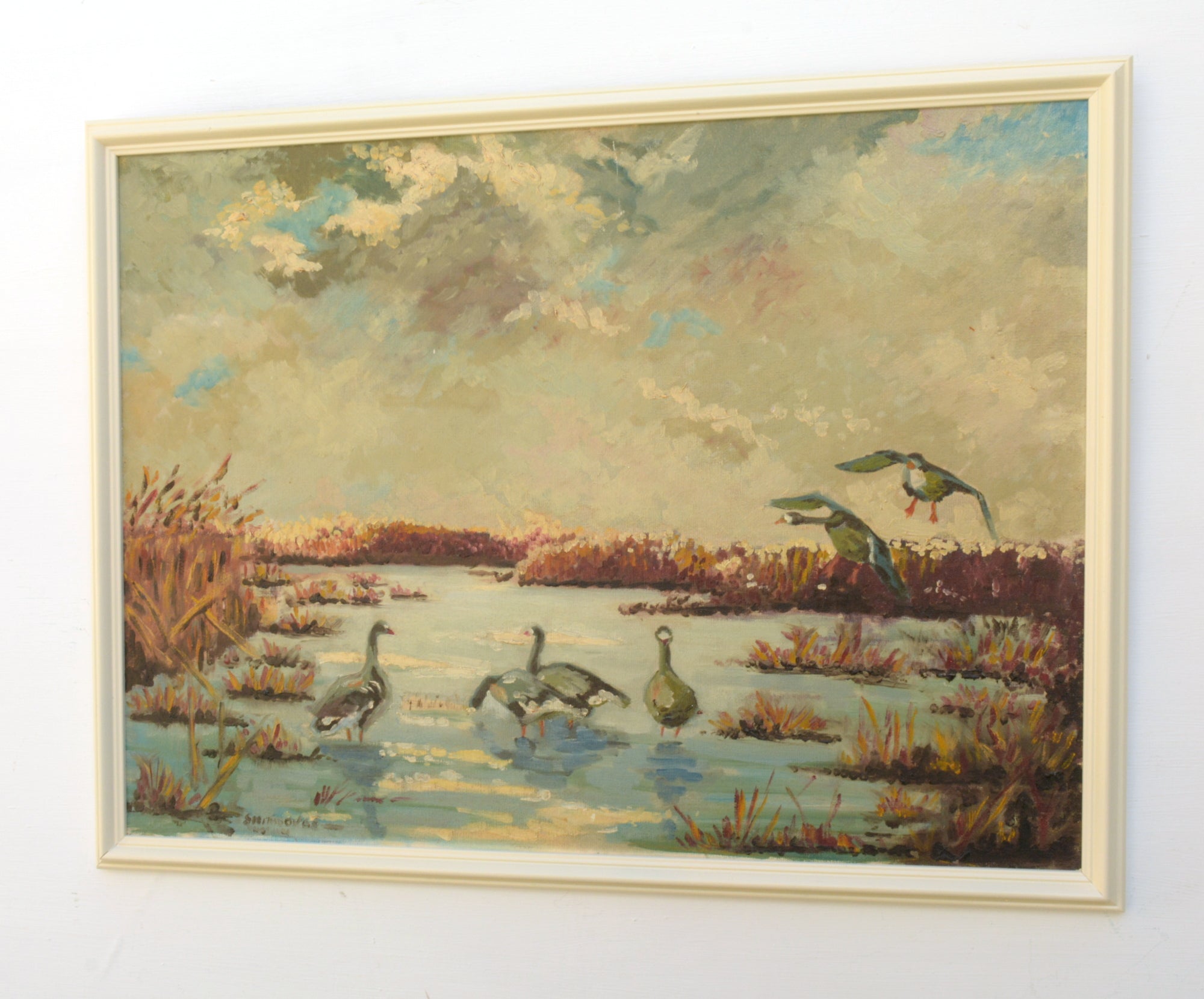 Geese Painting Original Oil Painting Signed Framed Wetlands Sunset