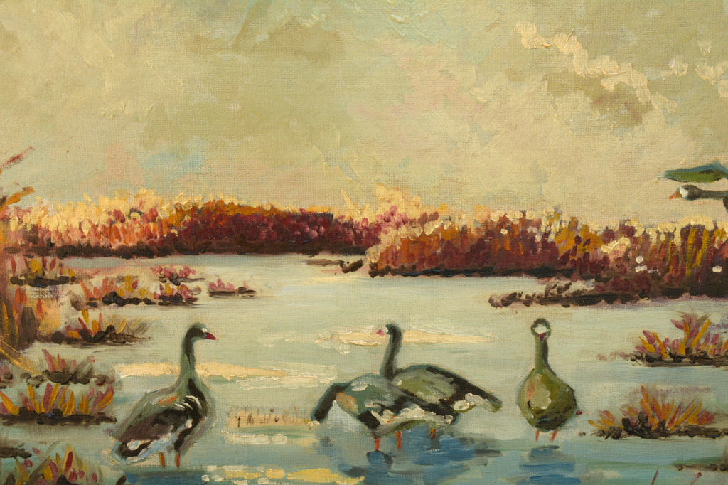 Geese Painting Original Oil Painting Signed Framed Wetlands Sunset