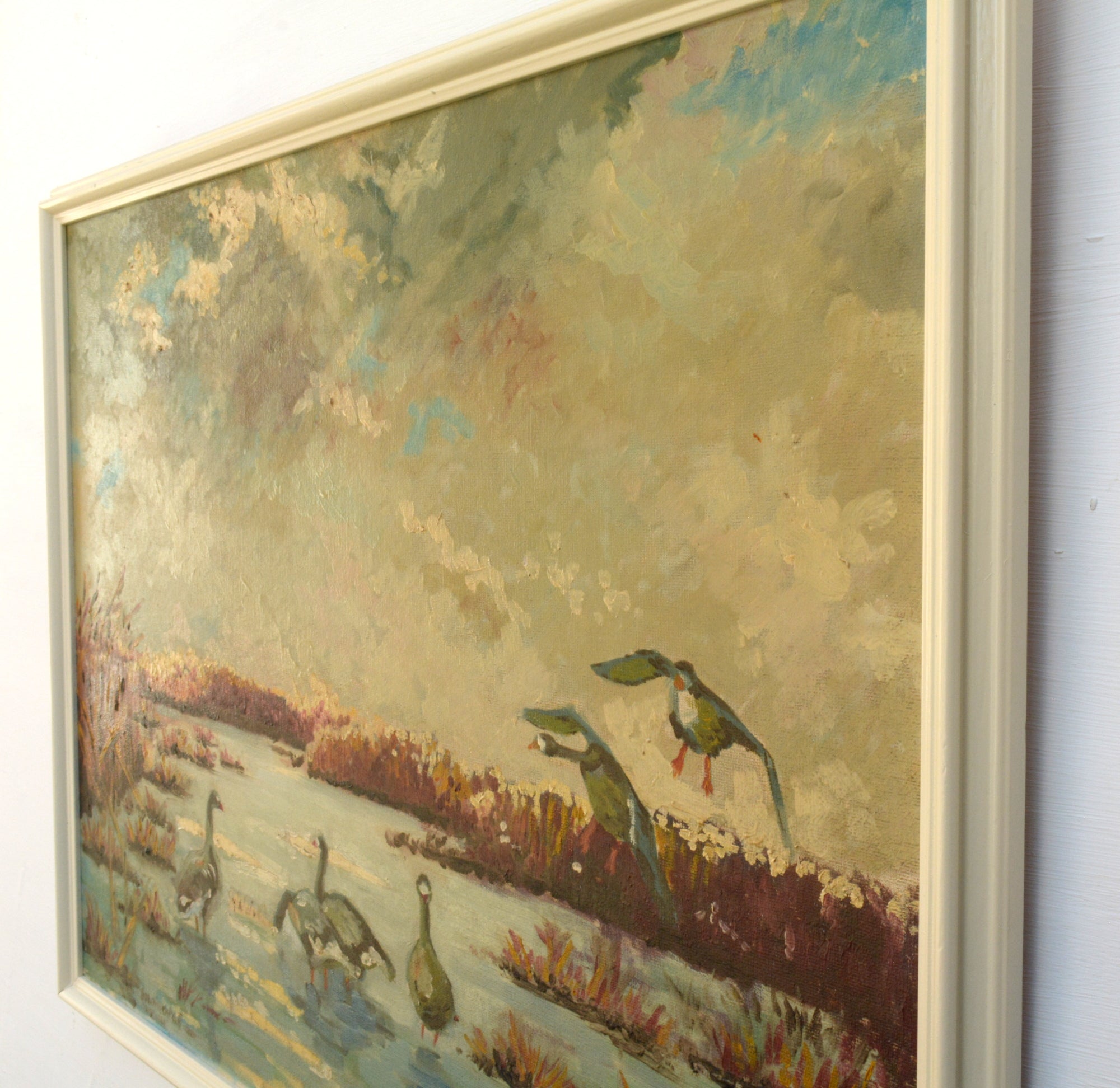 Geese Painting Original Oil Painting Signed Framed Wetlands Sunset