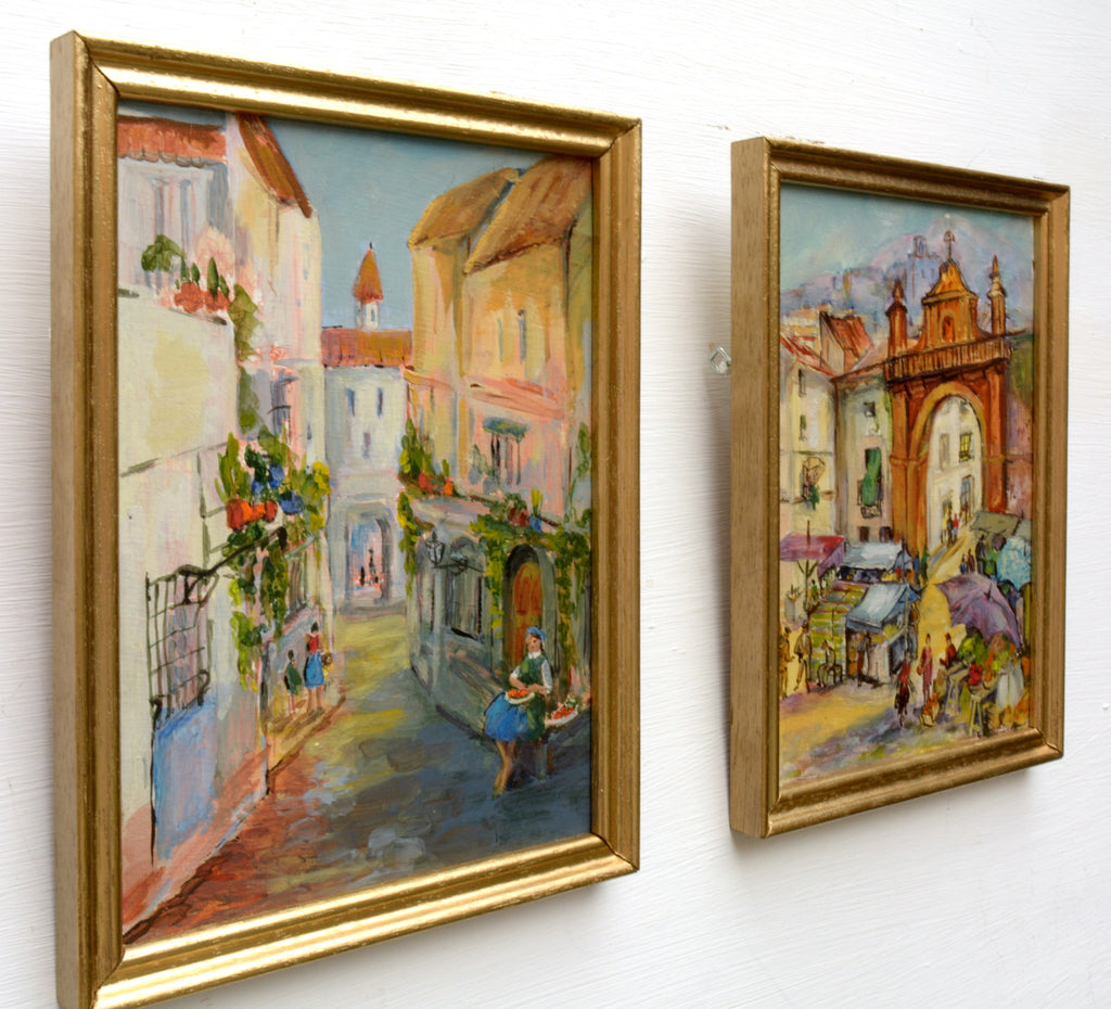 Plein Air Italian Street Scenes Pair of Vintage Oil Paintings
