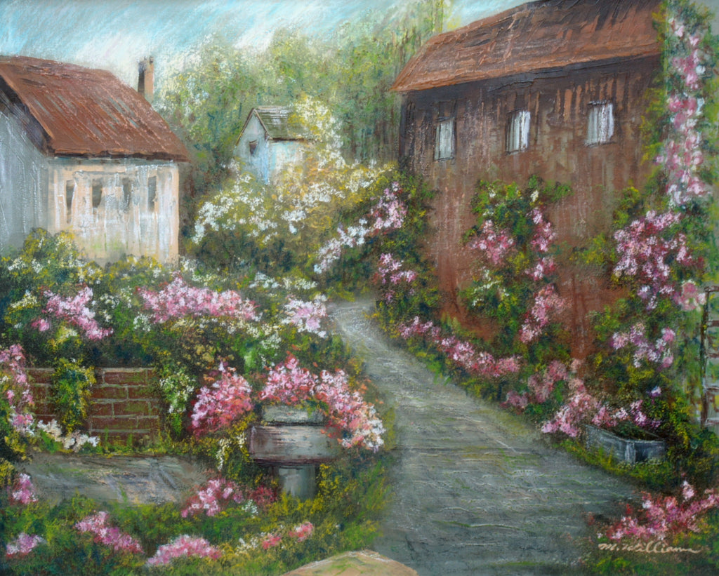 Rose Garden Landscape Oil and pastel Painting Framed Signed Country cottage