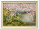 Cherry Blossom Lake Landscape Oil and pastel Painting Framed Signed