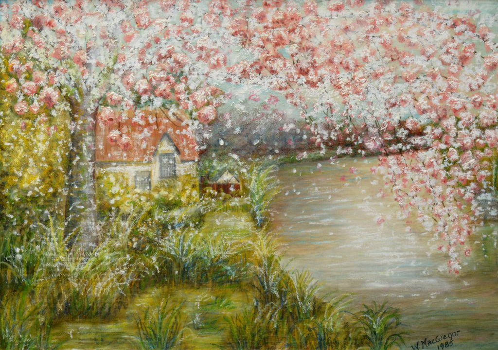 Cherry Blossom Lake Landscape Oil and pastel Painting Framed Signed