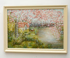 Cherry Blossom Lake Landscape Oil and pastel Painting Framed Signed