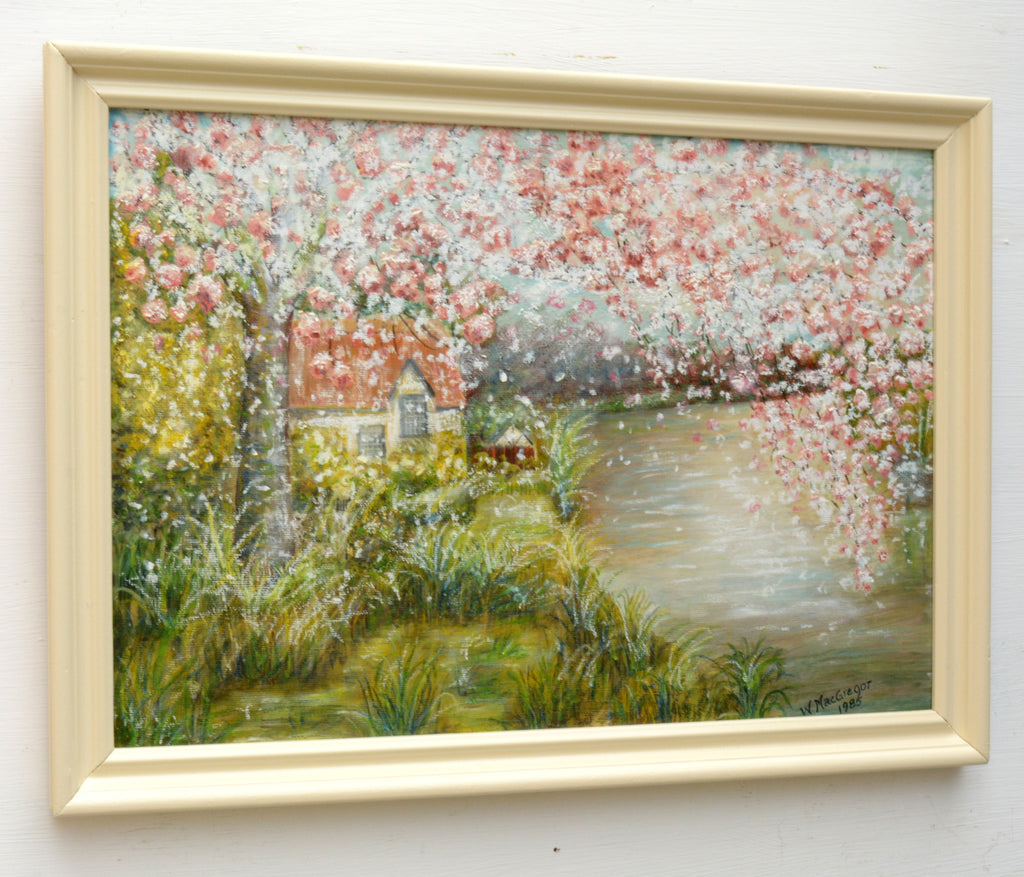 Cherry Blossom Lake Landscape Oil and pastel Painting Framed Signed