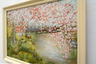 Cherry Blossom Lake Landscape Oil and pastel Painting Framed Signed