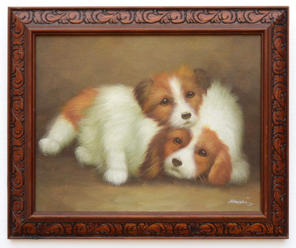 Original Oil Painting Signed Framed King Charles Spaniel and Sheep Dog