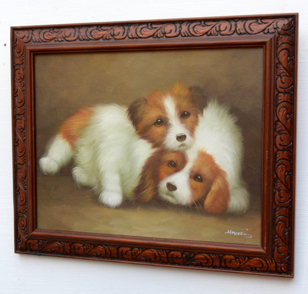 Original Oil Painting Signed Framed King Charles Spaniel and Sheep Dog