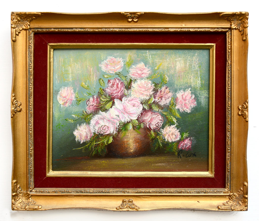 Pink Roses Still Life Floral Vintage Oil Painting Framed