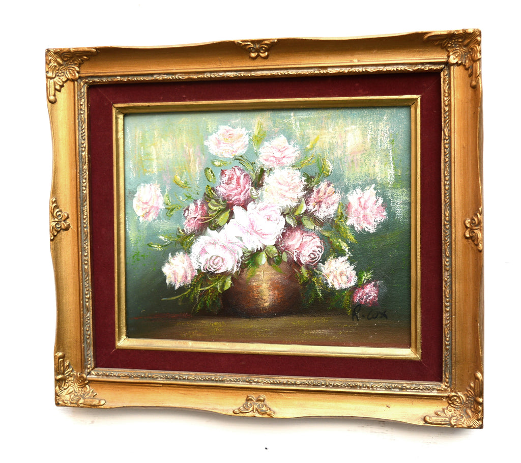 Pink Roses Still Life Floral Vintage Oil Painting Framed
