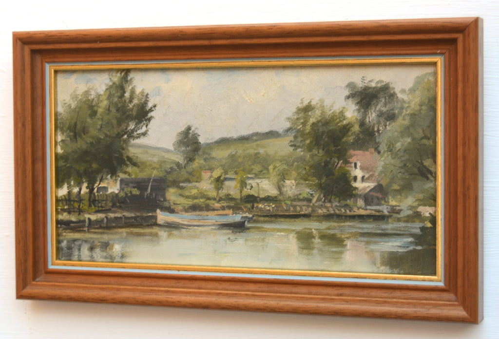 Boating Lake Vintage Landscape Miniature Oil Painting Framed
