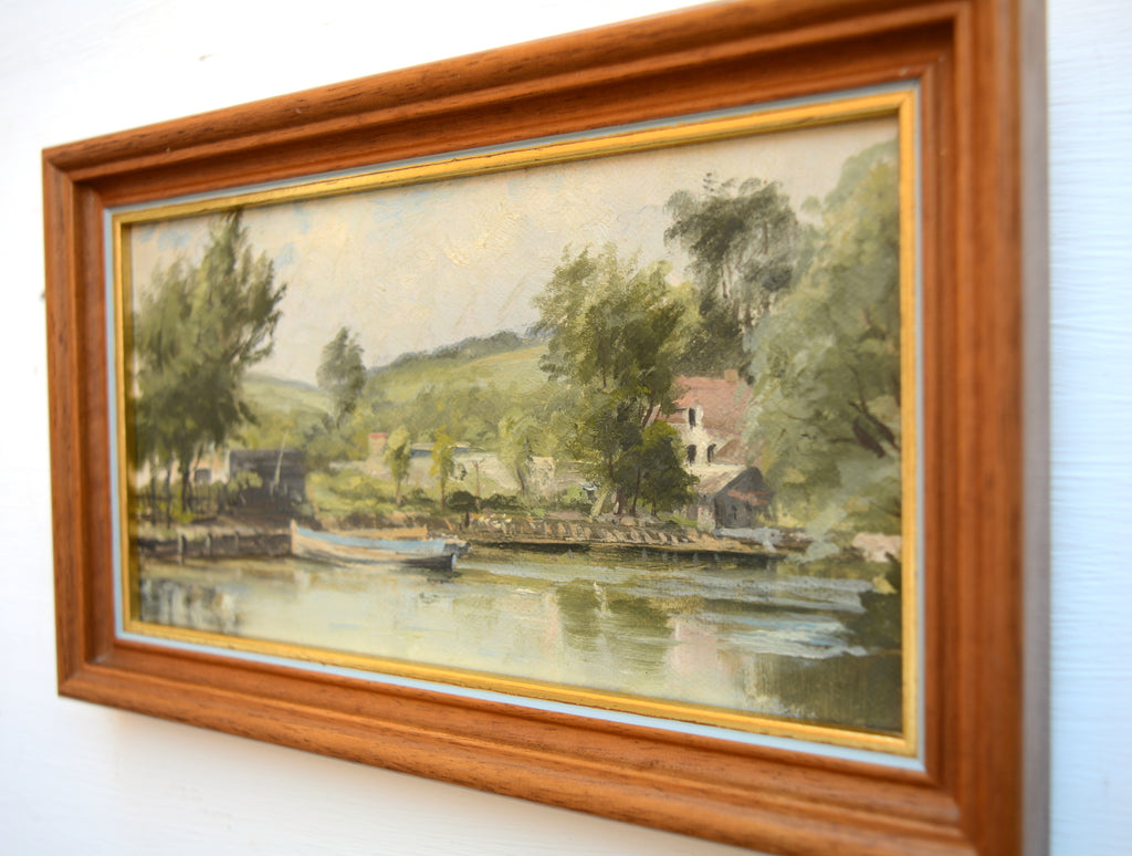 Boating Lake Vintage Landscape Miniature Oil Painting Framed